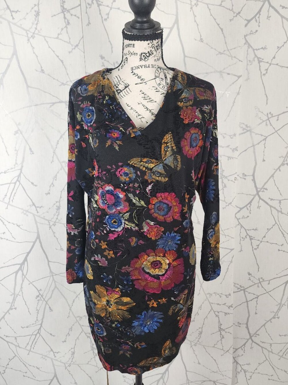 Miarte Dark Floral Whimsical Velvet Burnout Tunic